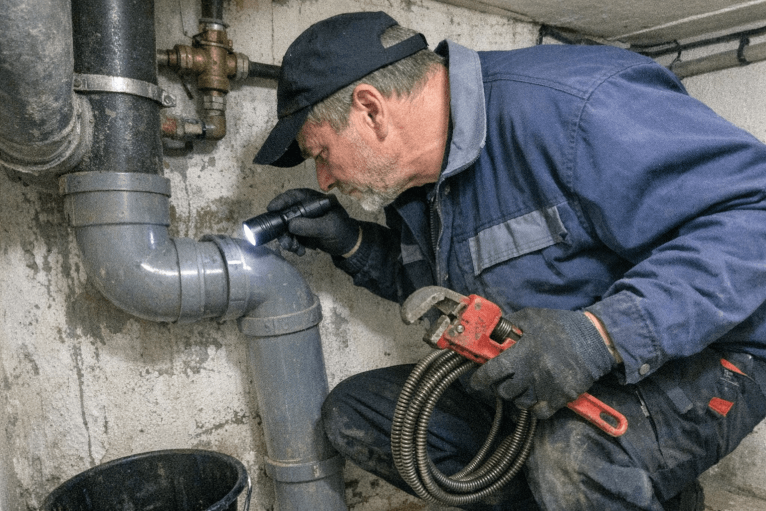 Erfahrener Techniker von Janssen prüft sorgfältig ein Abwassersystem im Keller eines Kunden